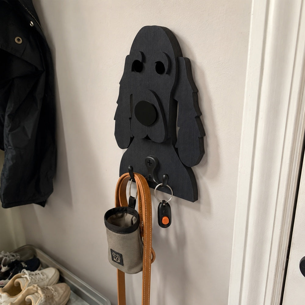Wooden cocker spaniel dog wall hook key and leash holder for home entryway organizer
