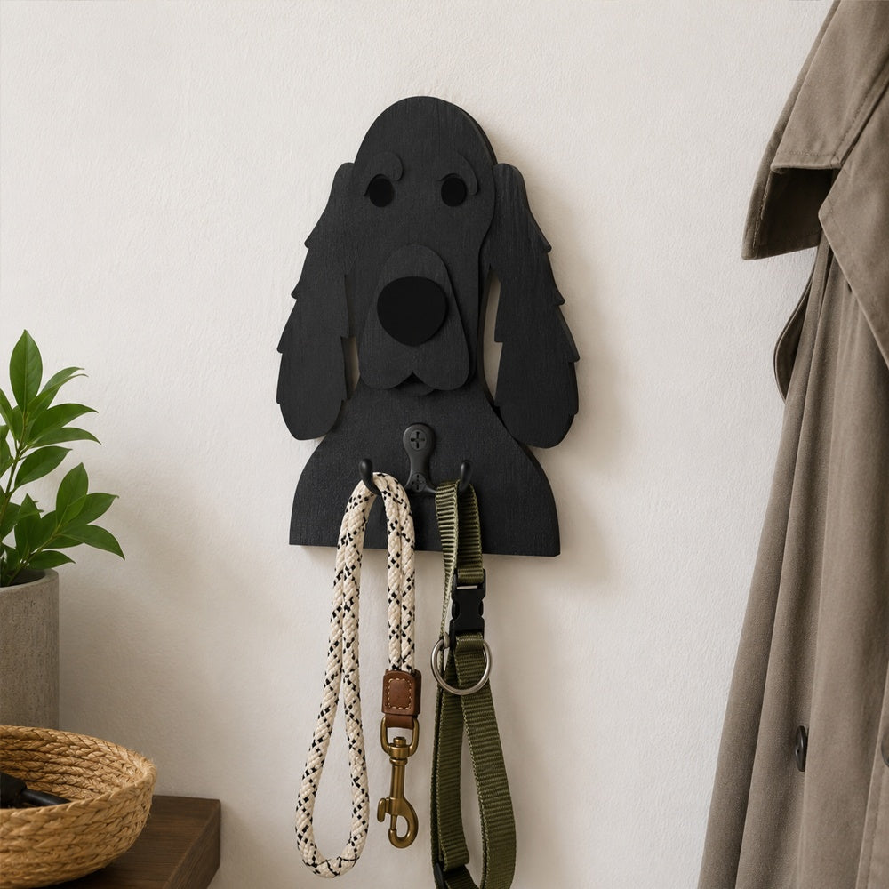 Wooden cocker spaniel dog wall hook key and leash holder for home entryway organizer