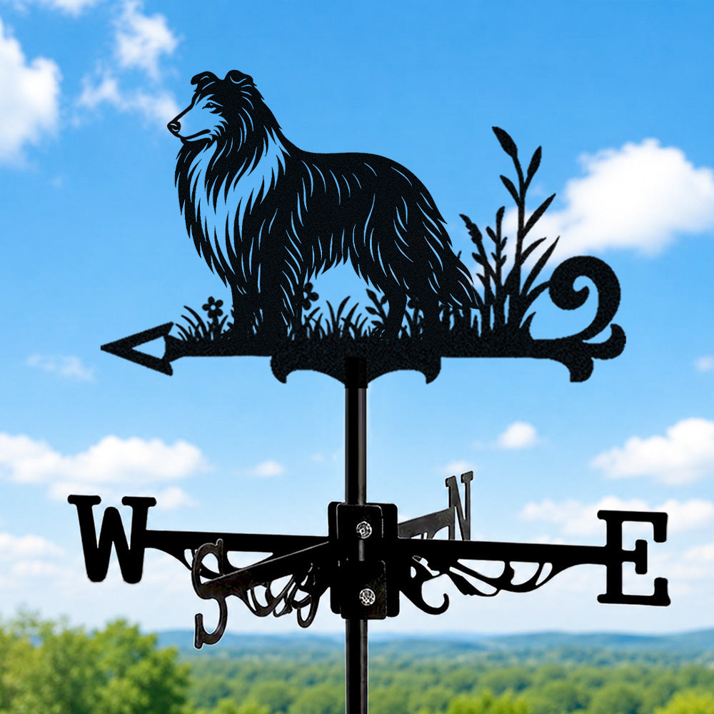 Collie metal weather vane with directional arrows and mounting rod, outdoor roof and garden decoration