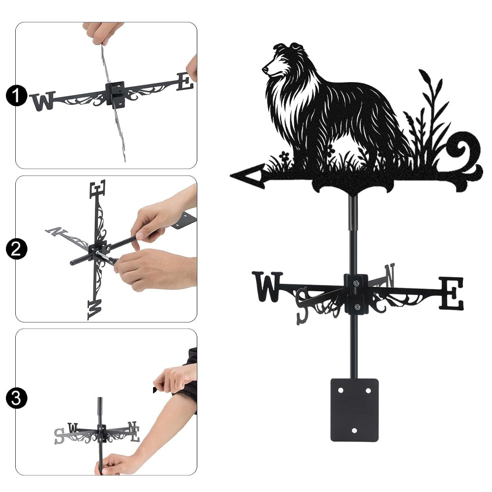 Collie metal weather vane with directional arrows and mounting rod, outdoor roof and garden decoration
