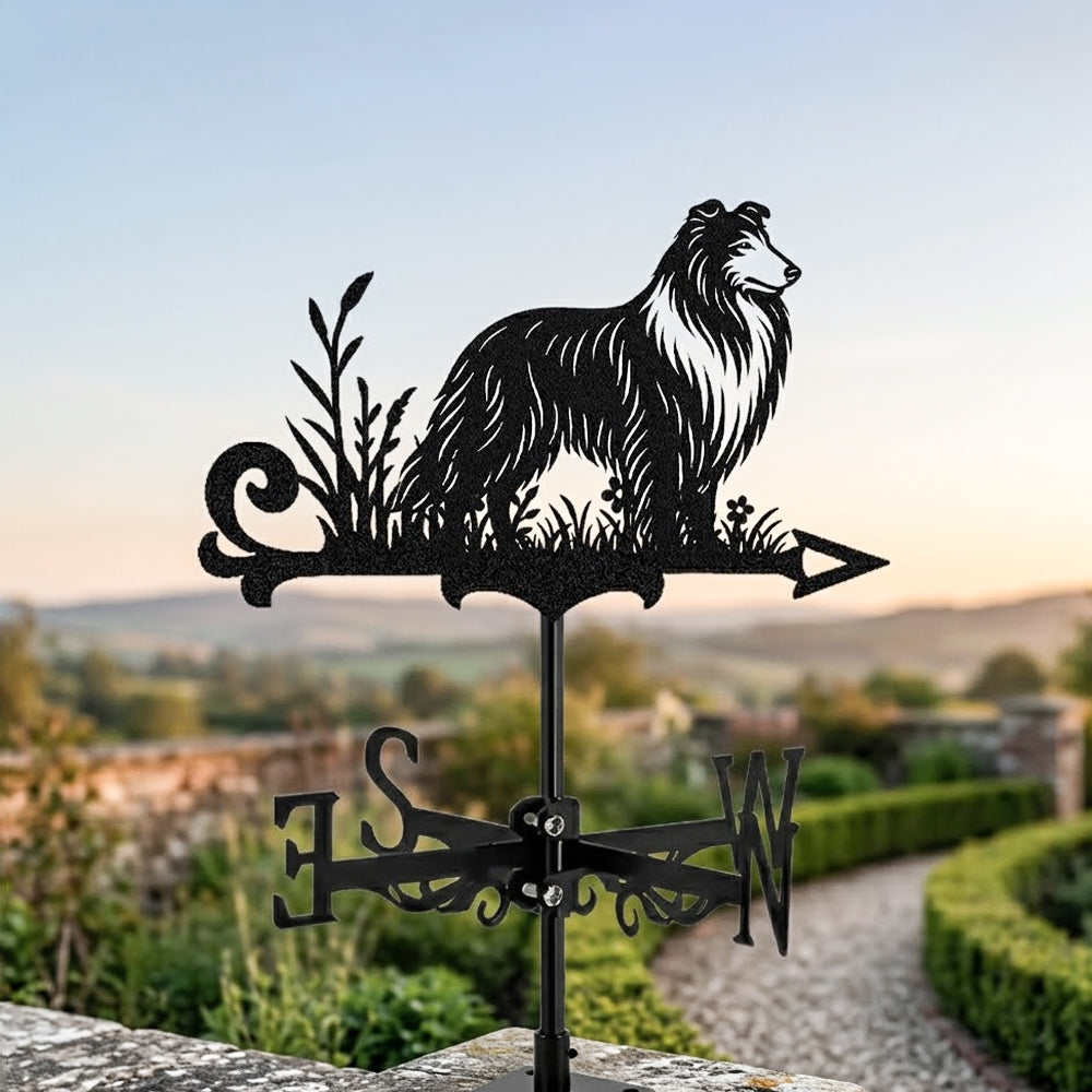 Collie metal weather vane with directional arrows and mounting rod, outdoor roof and garden decoration