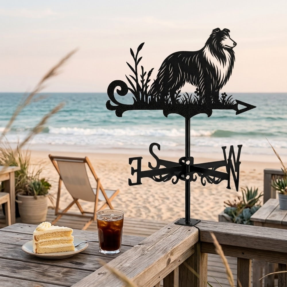 Collie metal weather vane with directional arrows and mounting rod, outdoor roof and garden decoration