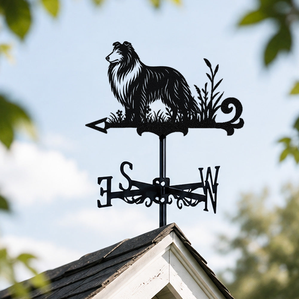Collie metal weather vane with directional arrows and mounting rod, outdoor roof and garden decoration