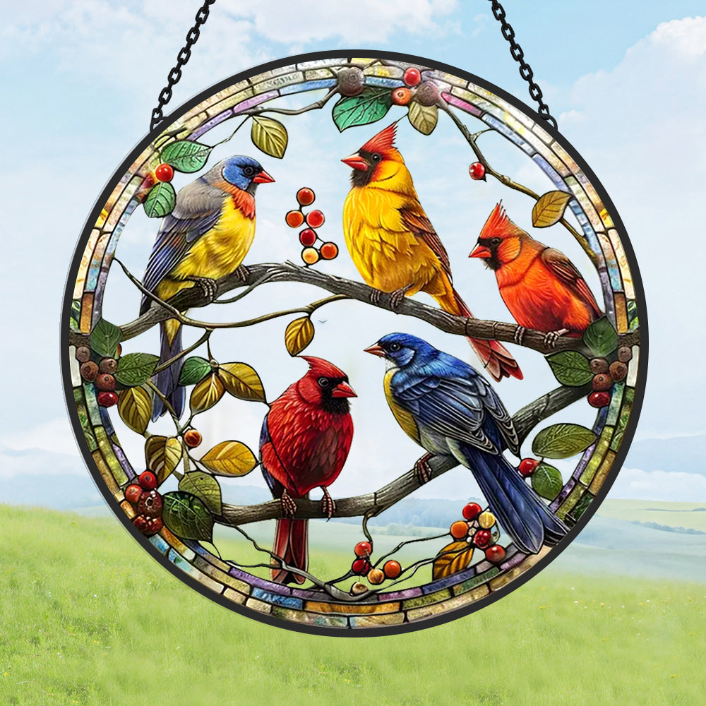 Colorful birds and berries stained glass suncatcher window hanging, suitable for home and garden decoration