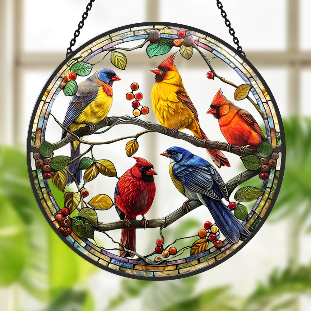 Colorful birds and berries stained glass suncatcher window hanging, suitable for home and garden decoration