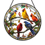 Colorful birds and berries stained glass suncatcher window hanging, suitable for home and garden decoration