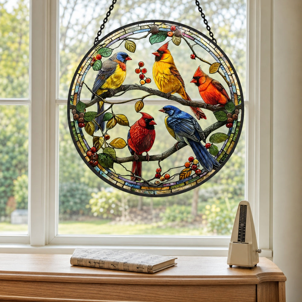 Colorful birds and berries stained glass suncatcher window hanging, suitable for home and garden decoration