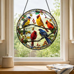 Colorful birds and berries stained glass suncatcher window hanging, suitable for home and garden decoration