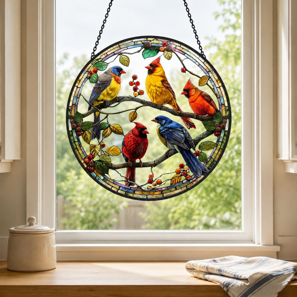 Colorful birds and berries stained glass suncatcher window hanging, suitable for home and garden decoration