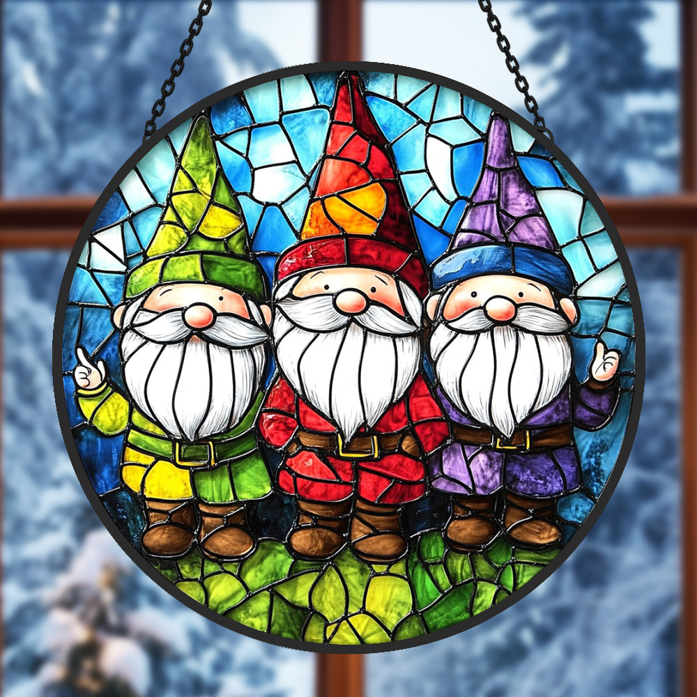Colorful garden gnomes stained glass suncatcher window hanging, suitable for home and garden decoration