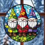 Colorful garden gnomes stained glass suncatcher window hanging, suitable for home and garden decoration