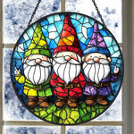 Colorful garden gnomes stained glass suncatcher window hanging, suitable for home and garden decoration