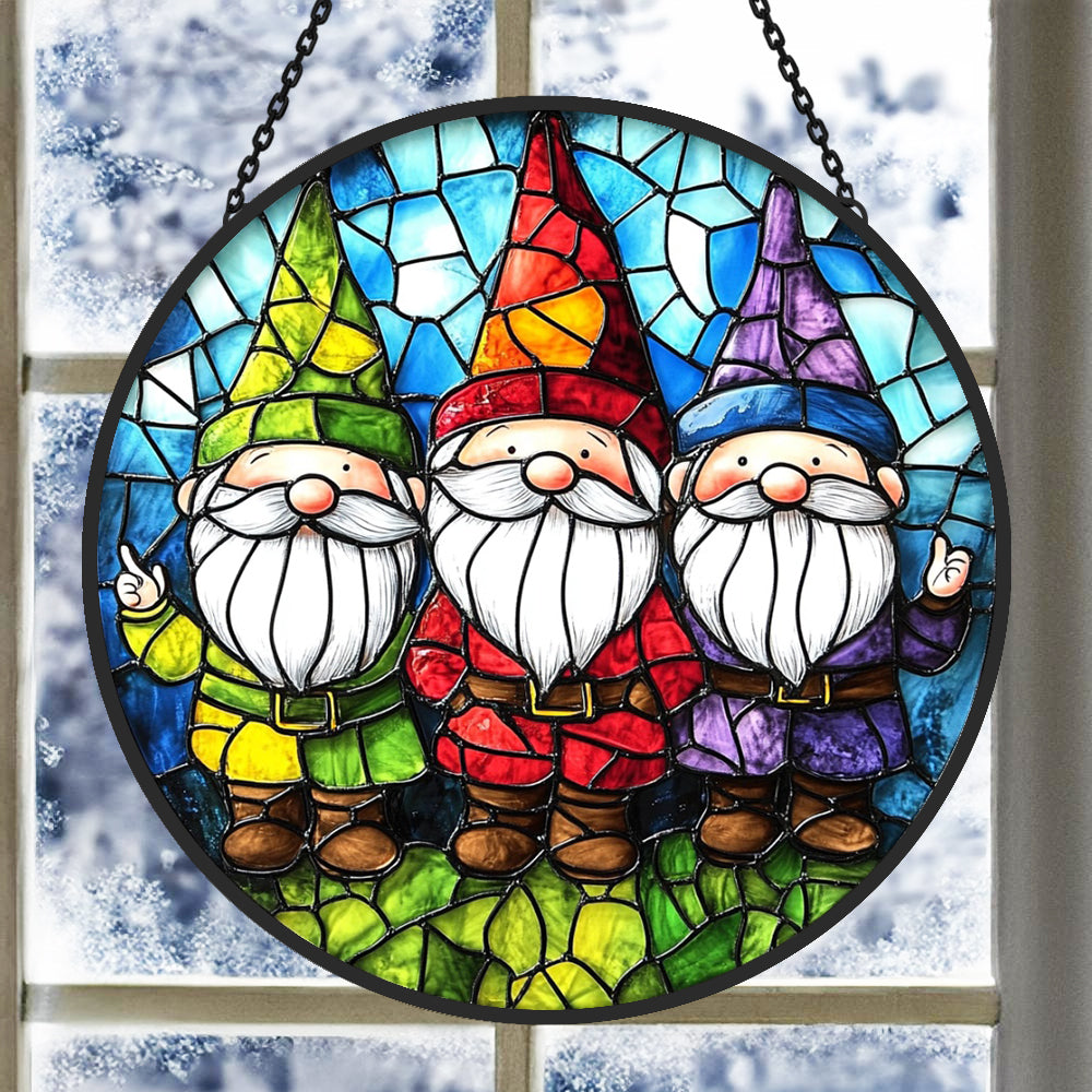 Colorful garden gnomes stained glass suncatcher window hanging, suitable for home and garden decoration