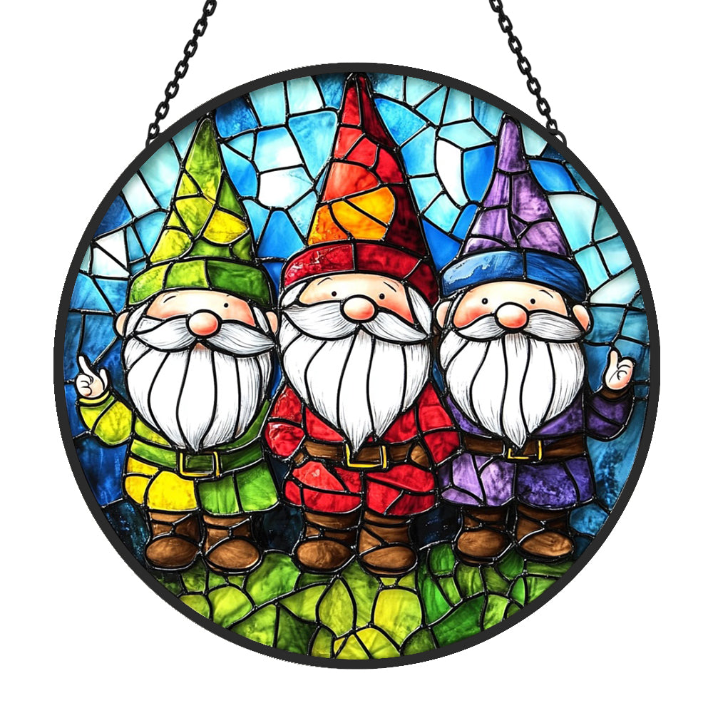 Colorful garden gnomes stained glass suncatcher window hanging, suitable for home and garden decoration