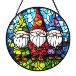 Colorful garden gnomes stained glass suncatcher window hanging, suitable for home and garden decoration