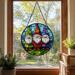 Colorful garden gnomes stained glass suncatcher window hanging, suitable for home and garden decoration