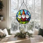 Colorful garden gnomes stained glass suncatcher window hanging, suitable for home and garden decoration