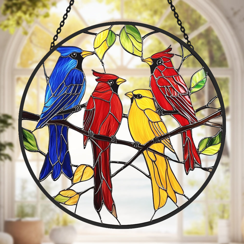 Colorful songbirds stained glass suncatcher window hanging, suitable for home and garden decoration