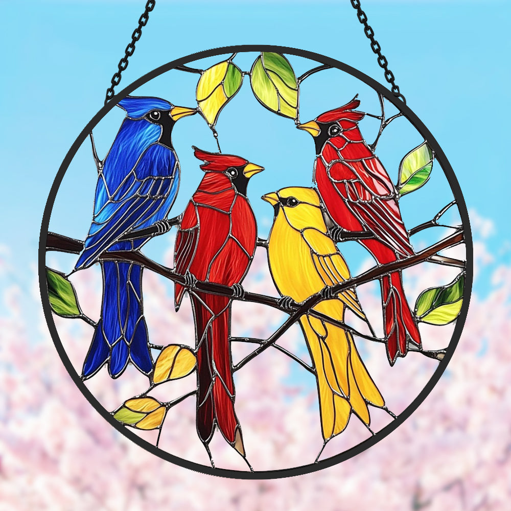 Colorful songbirds stained glass suncatcher window hanging, suitable for home and garden decoration