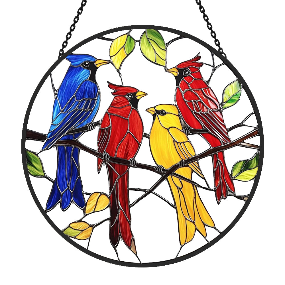 Colorful songbirds stained glass suncatcher window hanging, suitable for home and garden decoration