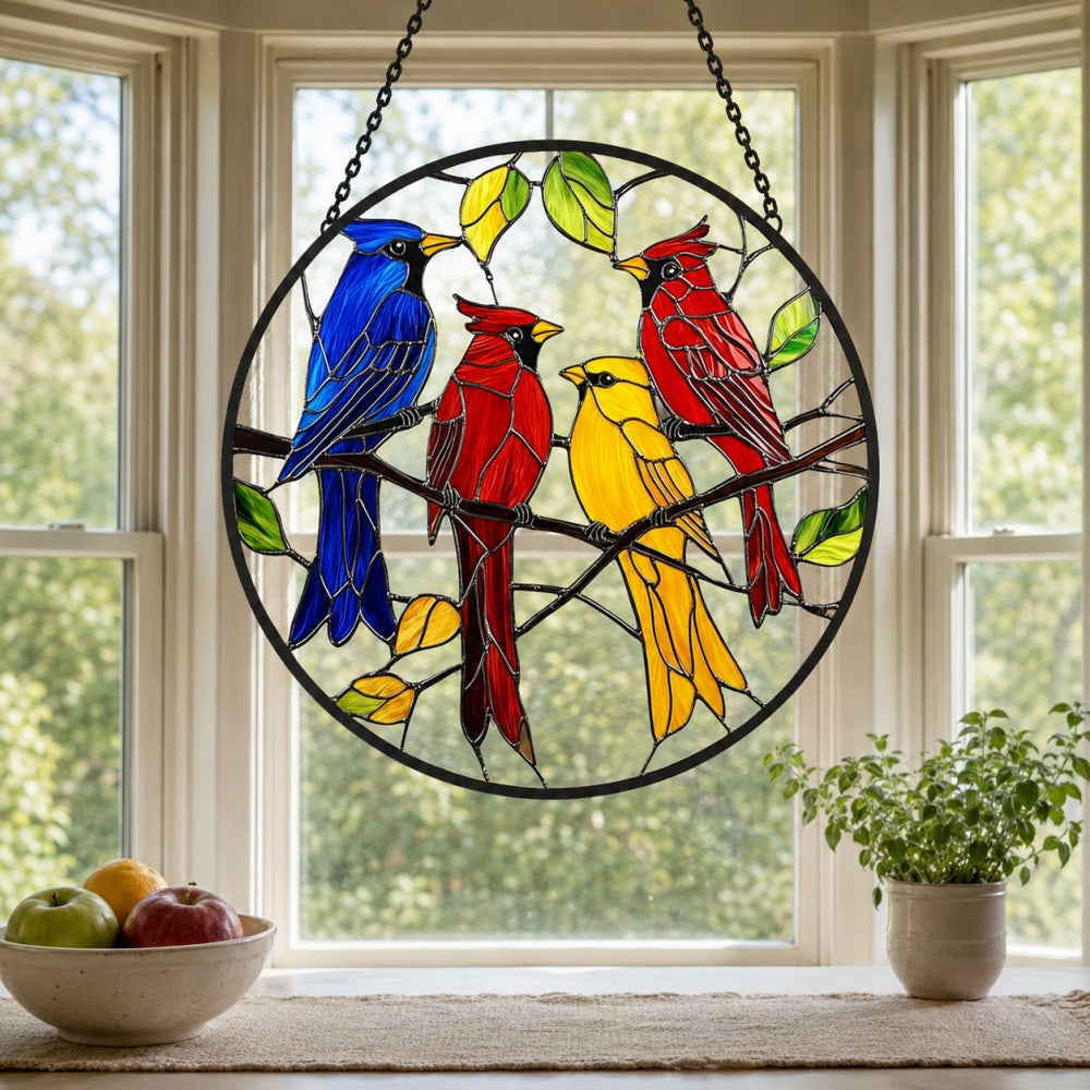 Colorful songbirds stained glass suncatcher window hanging, suitable for home and garden decoration