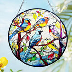 colorful songbirds stained glass suncatcher window hanging, suitable for home and garden decoration.