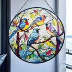 colorful songbirds stained glass suncatcher window hanging, suitable for home and garden decoration.
