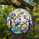 colorful songbirds stained glass suncatcher window hanging, suitable for home and garden decoration.