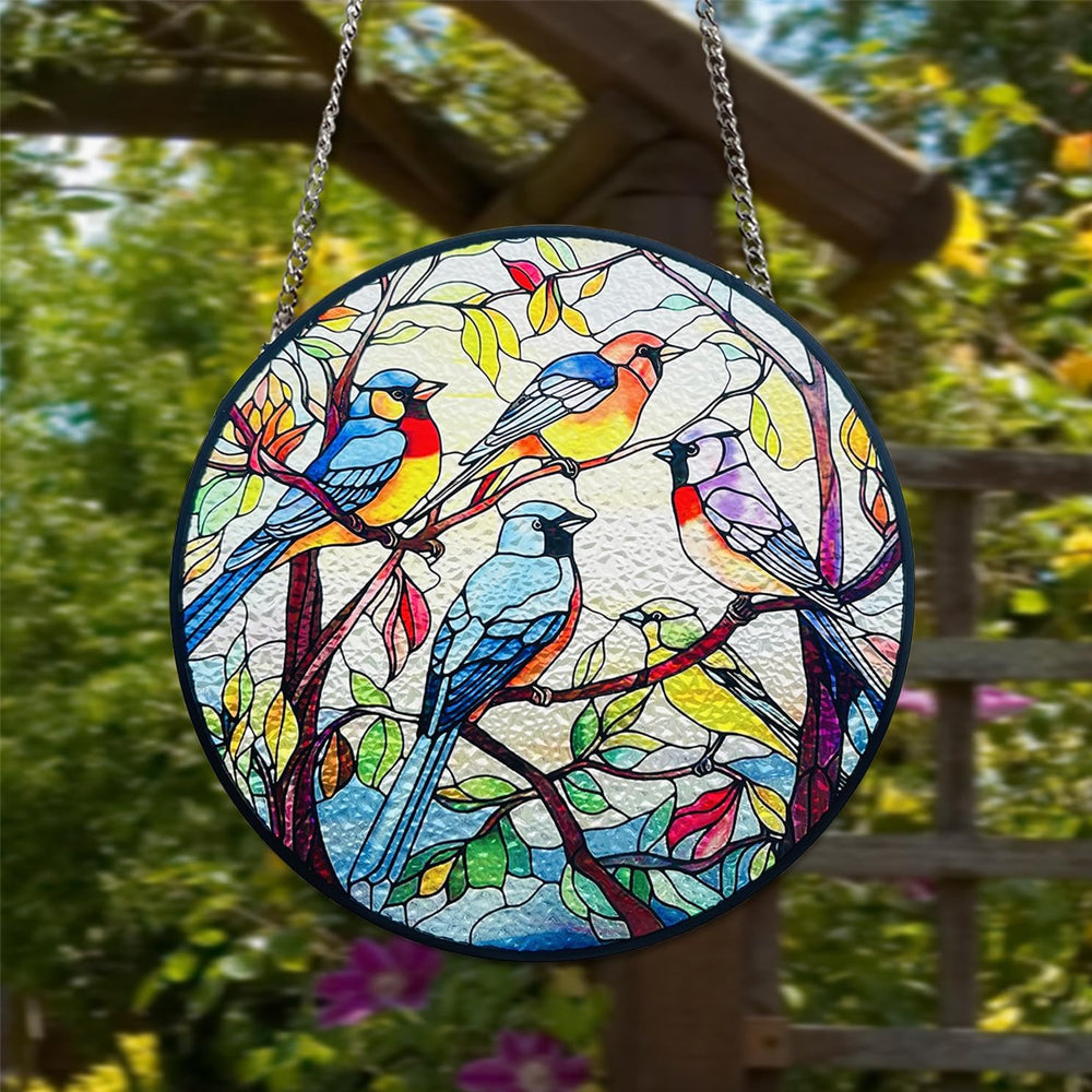 colorful songbirds stained glass suncatcher window hanging, suitable for home and garden decoration.