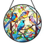 colorful songbirds stained glass suncatcher window hanging, suitable for home and garden decoration.