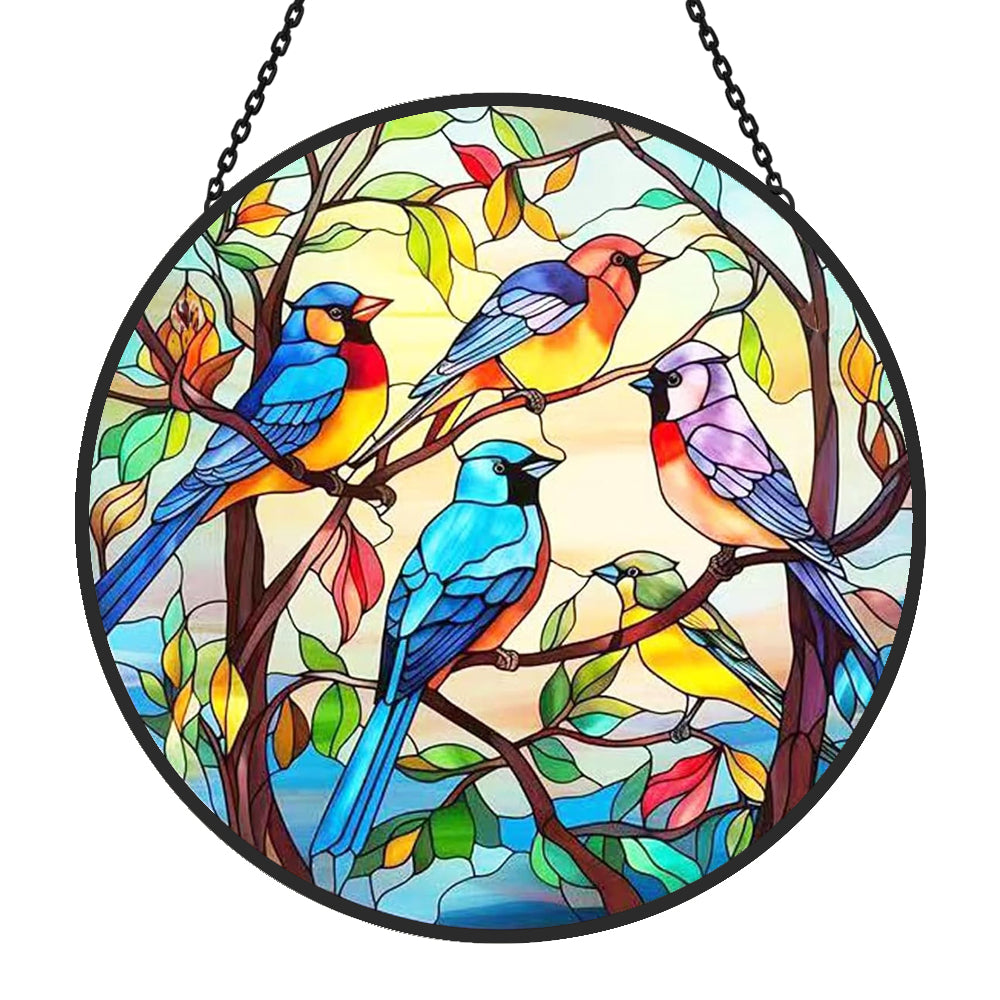 colorful songbirds stained glass suncatcher window hanging, suitable for home and garden decoration.