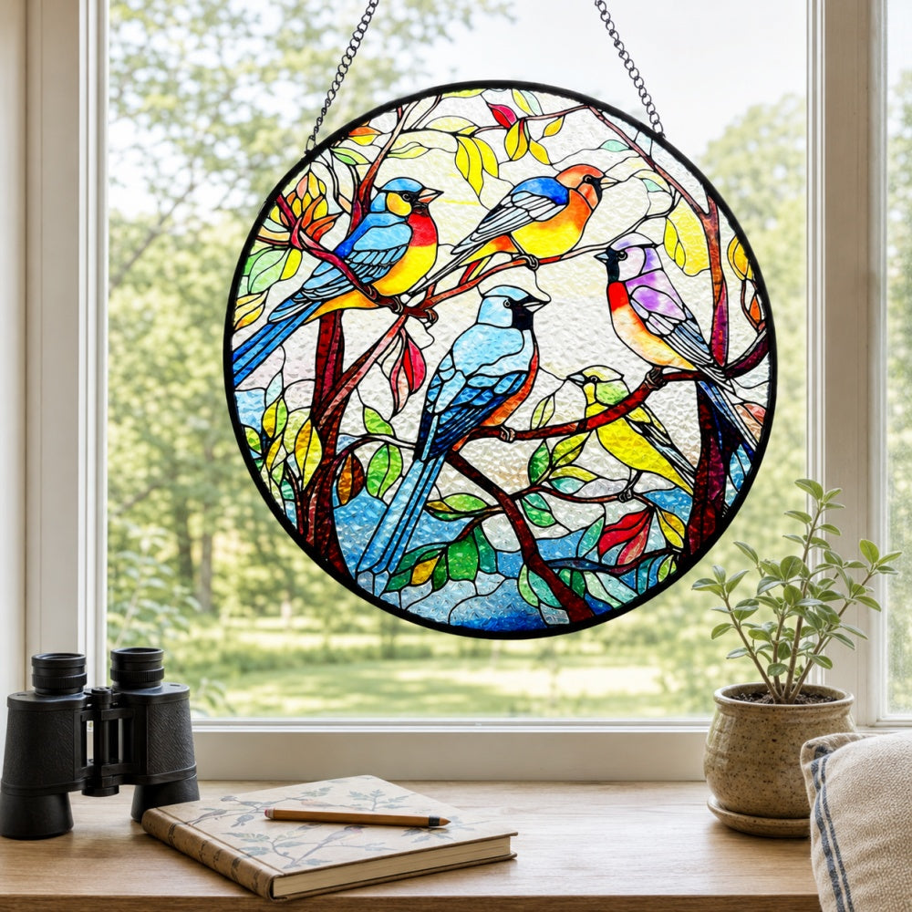 Colorful songbirds stained glass suncatcher window hanging, suitable for home and garden decoration