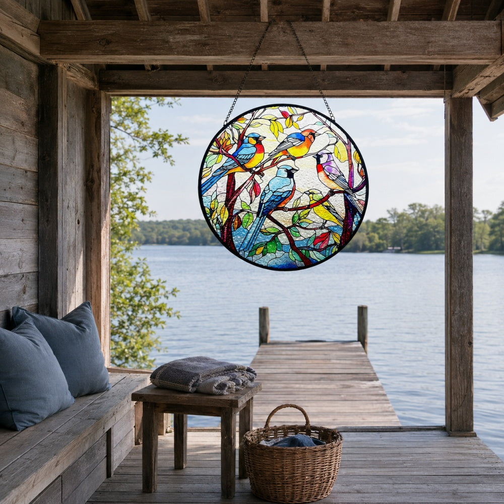 Colorful songbirds stained glass suncatcher window hanging, suitable for home and garden decoration