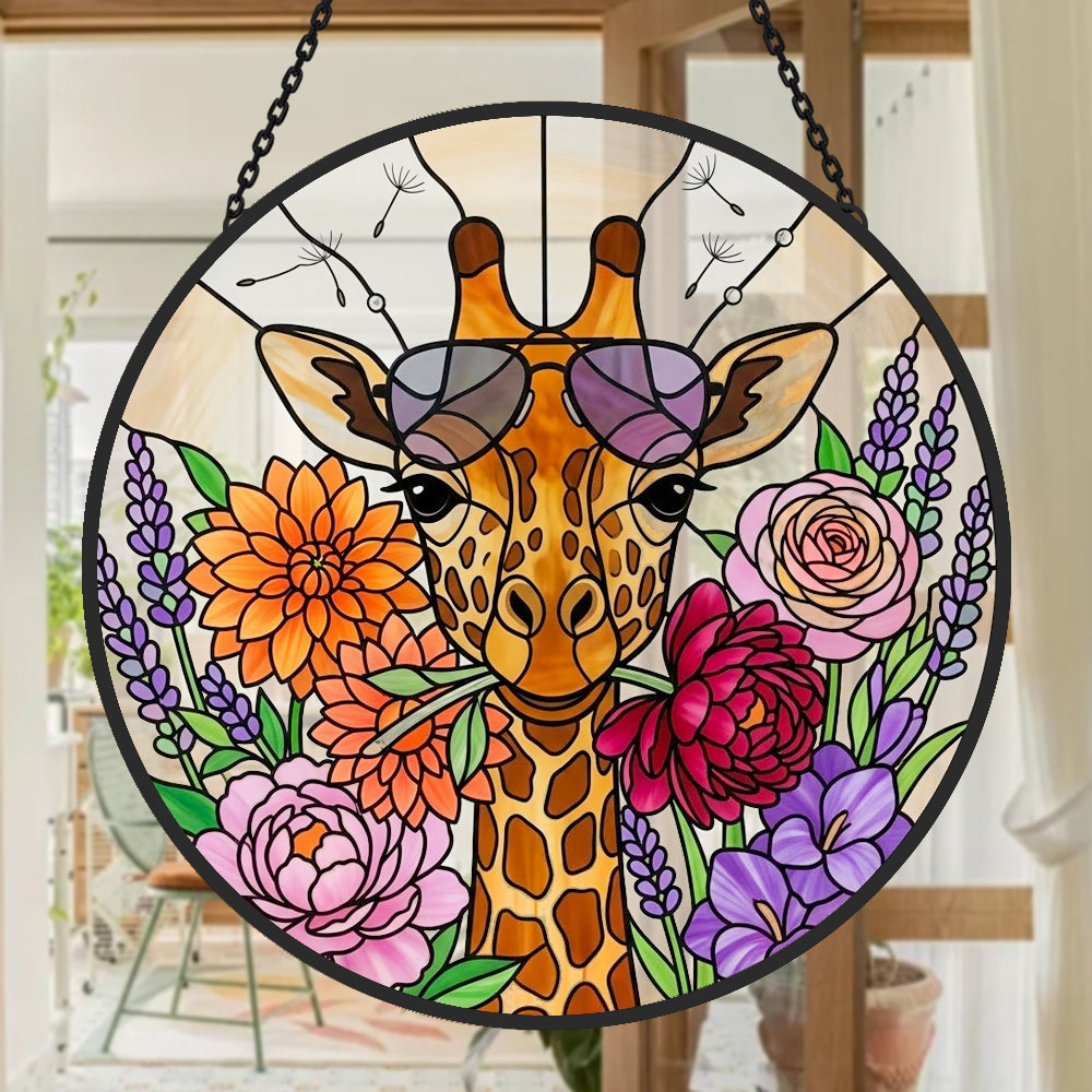 Cool giraffe with sunglasses stained glass suncatcher window hanging, suitable for home and garden decoration
