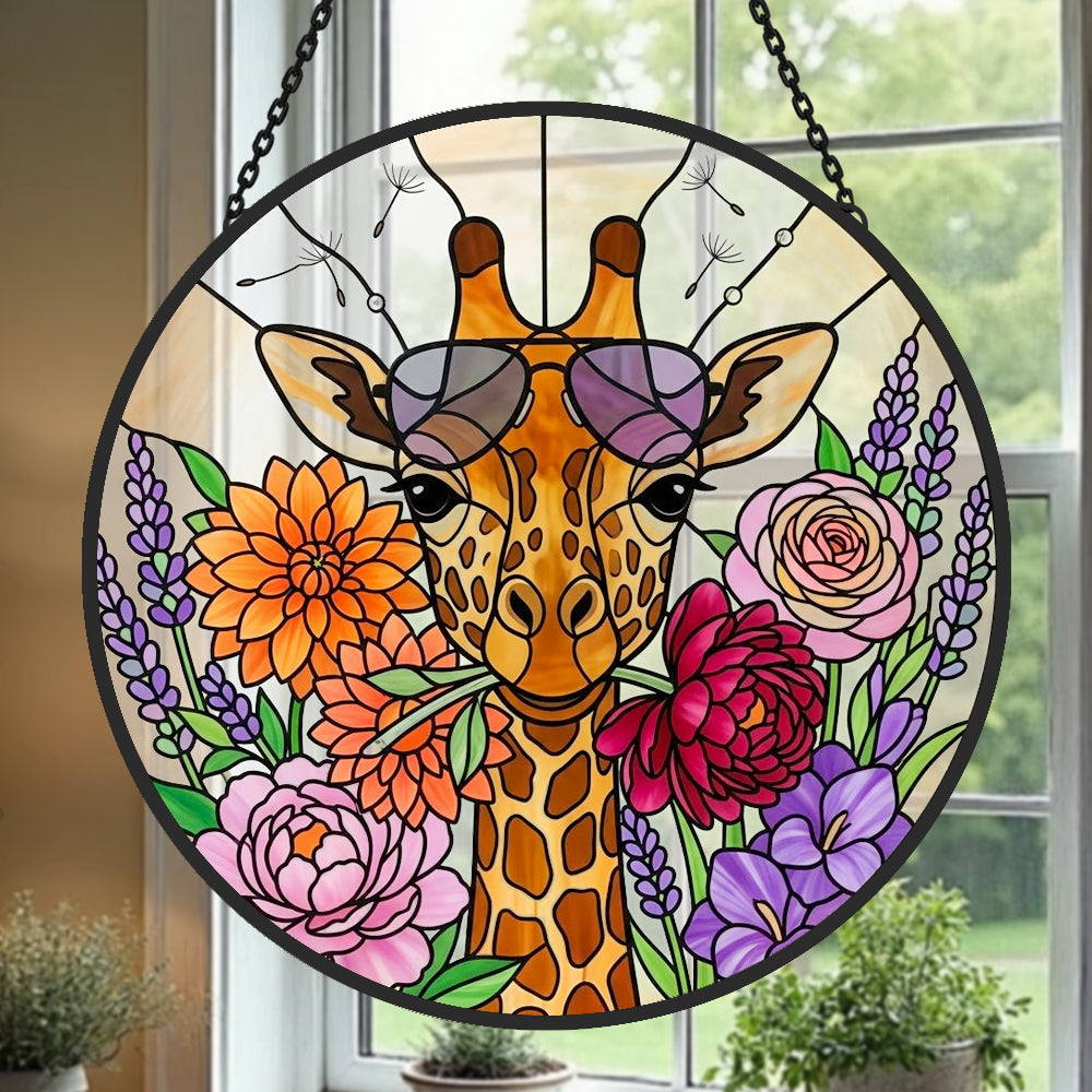 Cool giraffe with sunglasses stained glass suncatcher window hanging, suitable for home and garden decoration