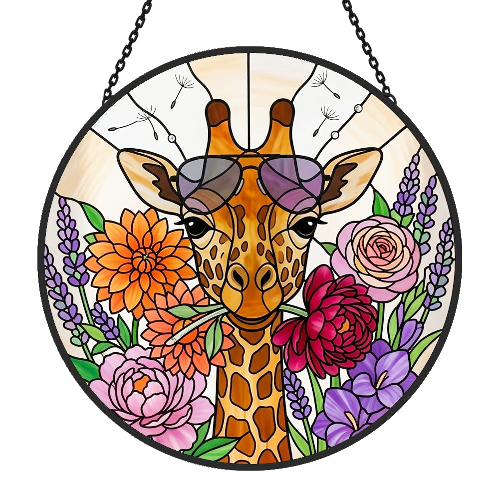 Cool giraffe with sunglasses stained glass suncatcher window hanging, suitable for home and garden decoration