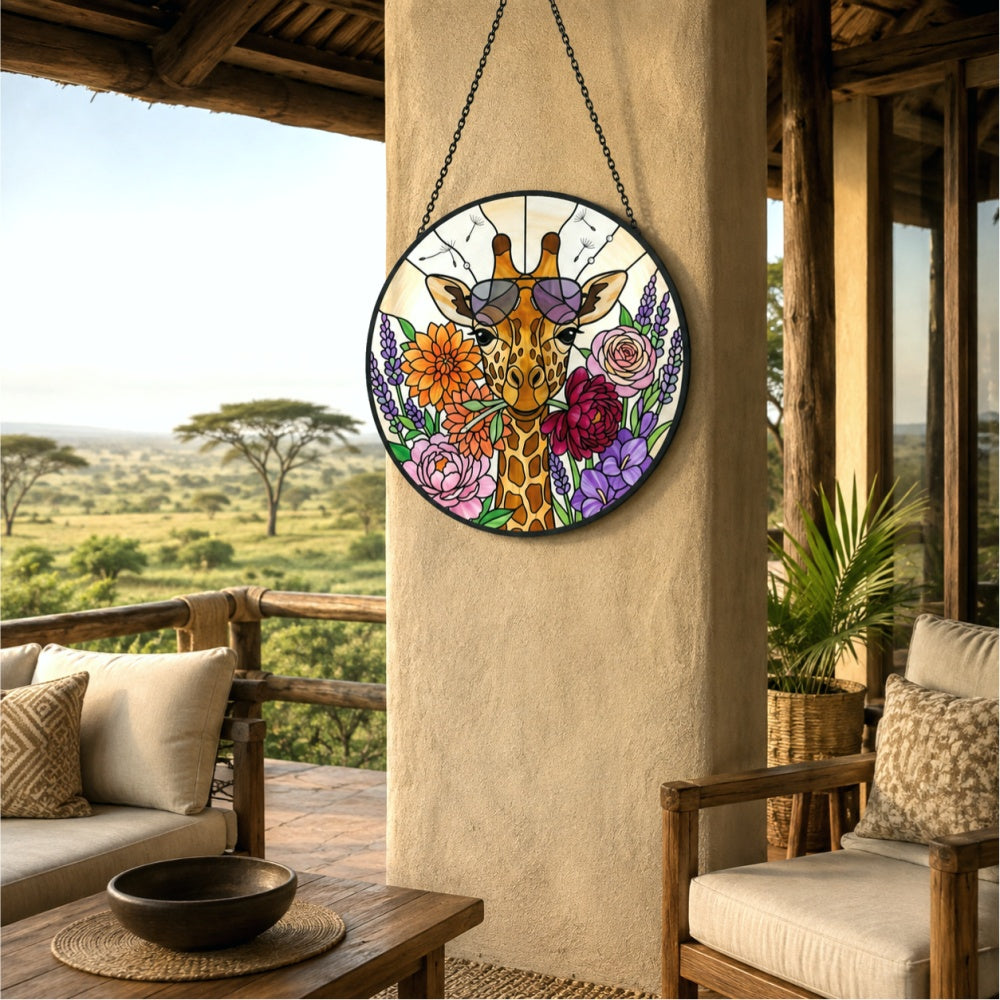 Cool giraffe with sunglasses stained glass suncatcher window hanging, suitable for home and garden decoration