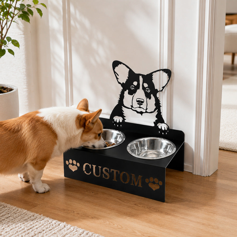 Personalized corgi metal dog bowl stand with custom name cutout and two removable feeding bowls