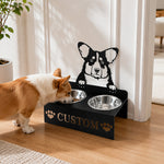 Personalized corgi metal dog bowl stand with custom name cutout and two removable feeding bowls