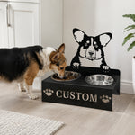 Personalized corgi metal dog bowl stand with custom name cutout and two removable feeding bowls
