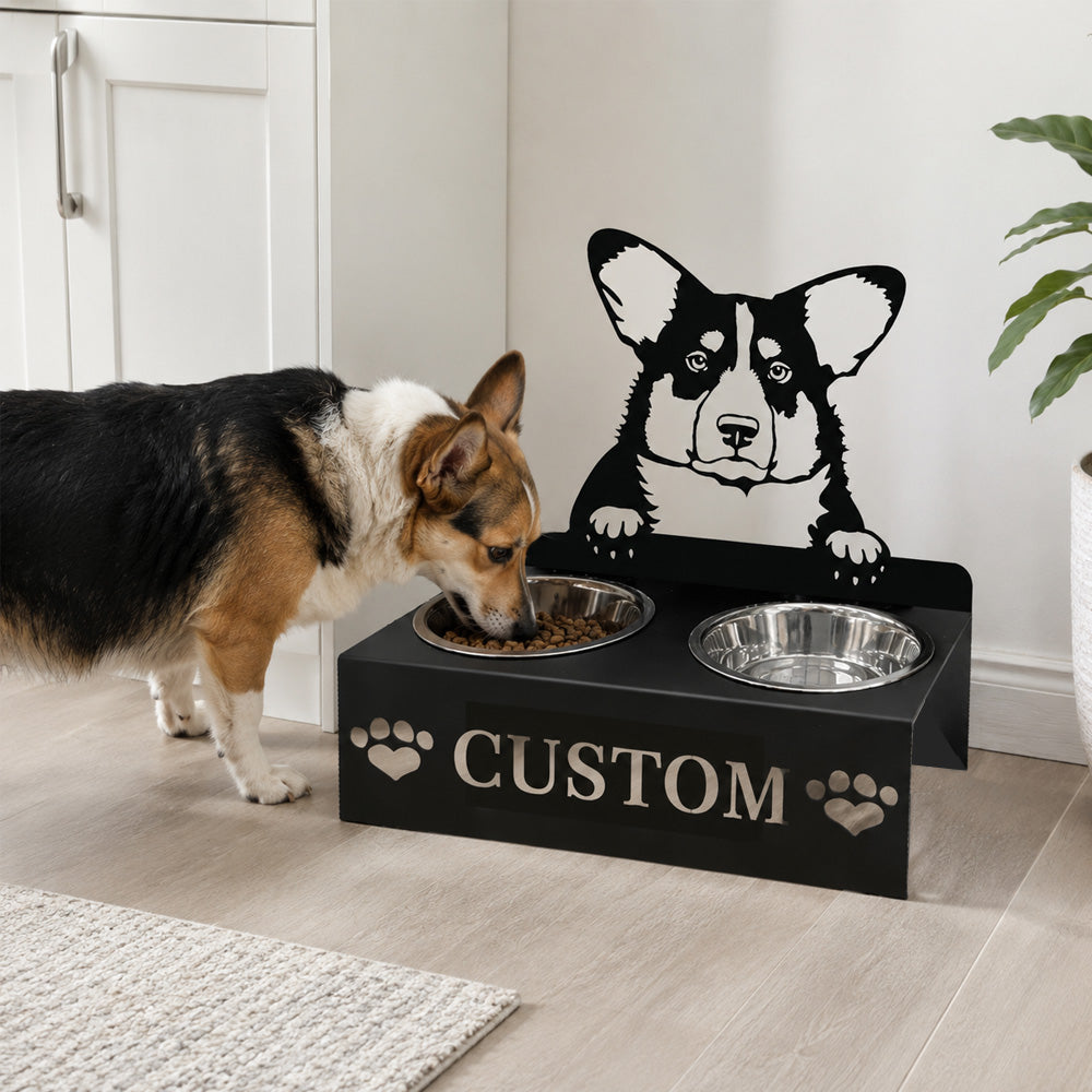 Personalized corgi metal dog bowl stand with custom name cutout and two removable feeding bowls