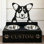 Personalized corgi metal dog bowl stand with custom name cutout and two removable feeding bowls