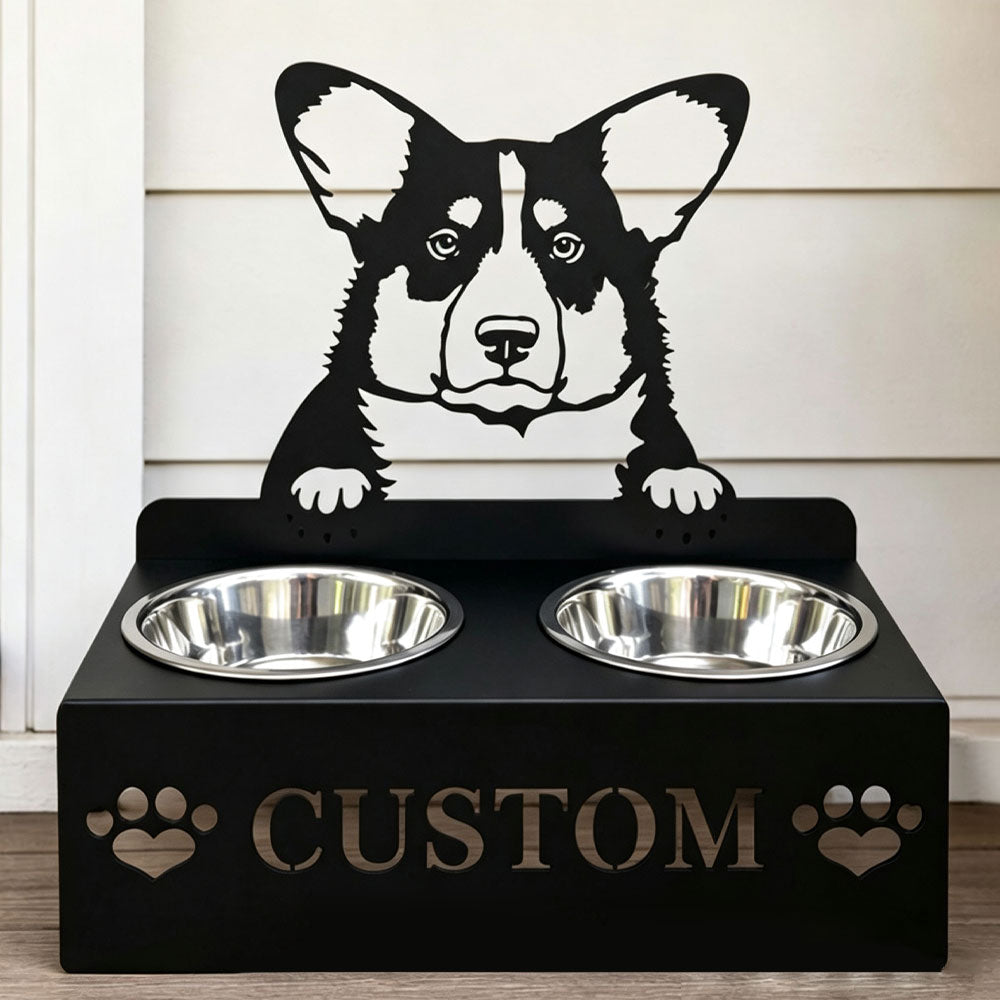Personalized corgi metal dog bowl stand with custom name cutout and two removable feeding bowls