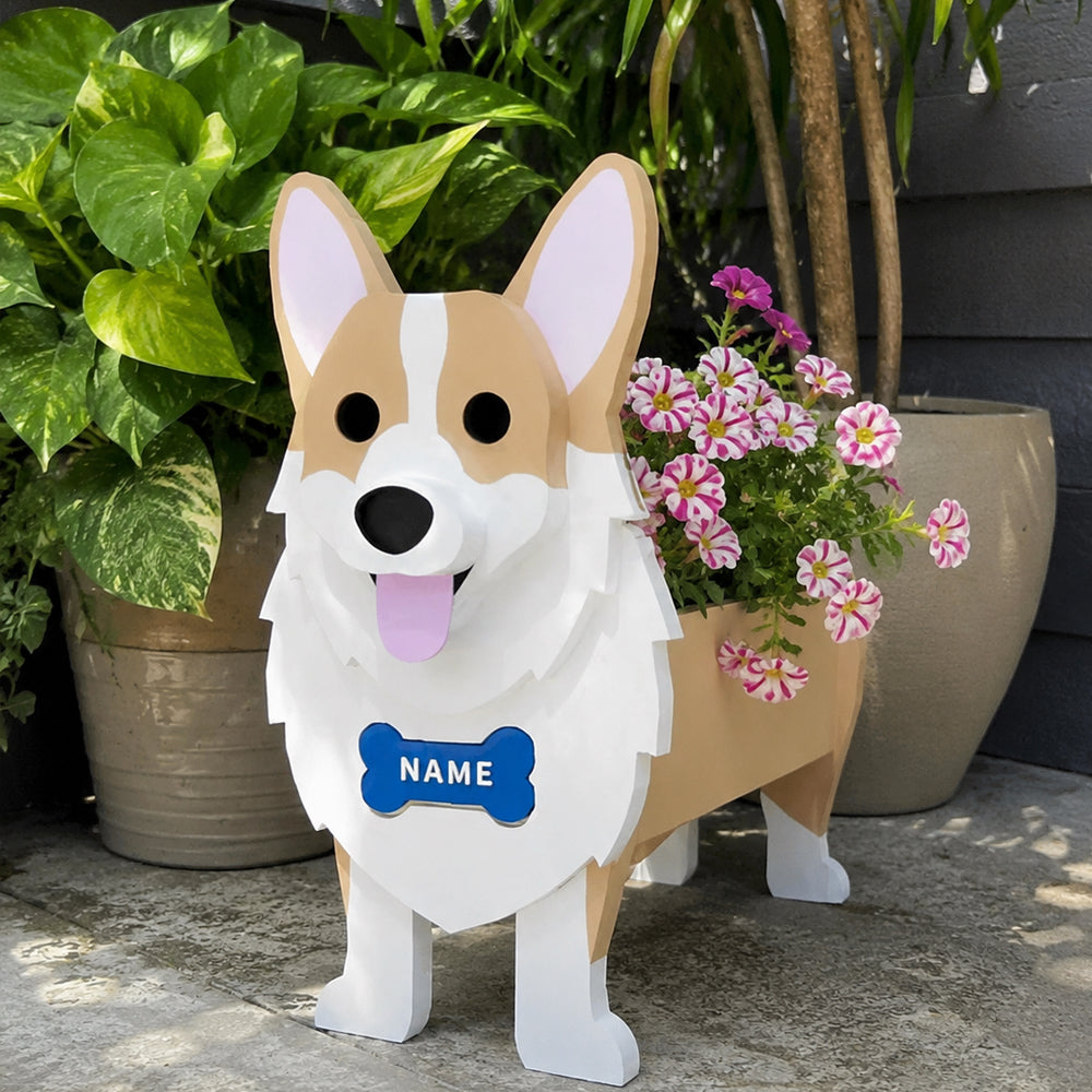 Corgi dog planter filled with fresh flowers is placed in the garden
