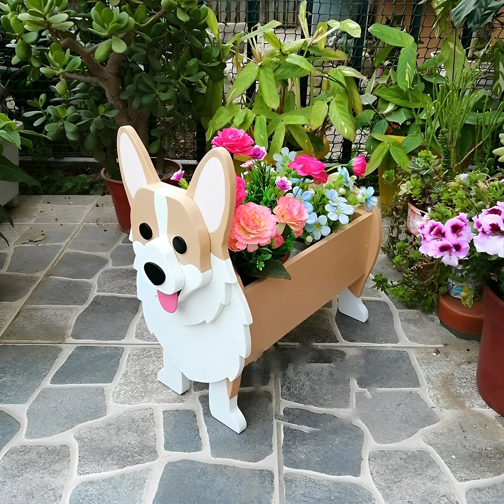 Corgi dog planter filled with fresh flowers is placed in the garden