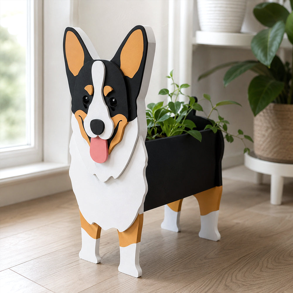 Corgi dog planter filled with fresh flowers is placed in the garden