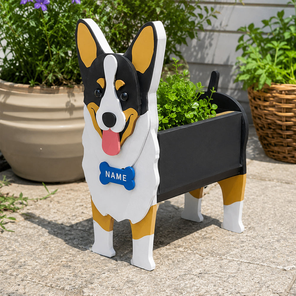 Corgi dog planter filled with fresh flowers is placed in the garden