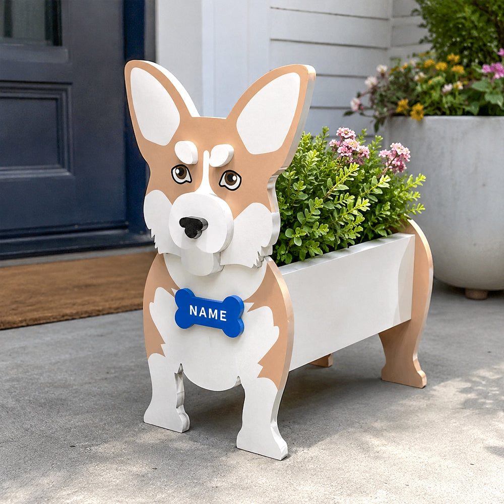 Corgi dog planter filled with fresh flowers is placed in the garden