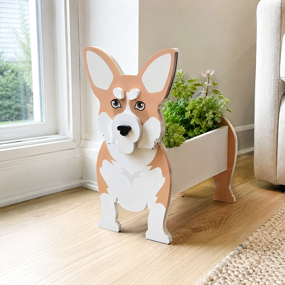 Corgi dog planter filled with fresh flowers is placed in the room