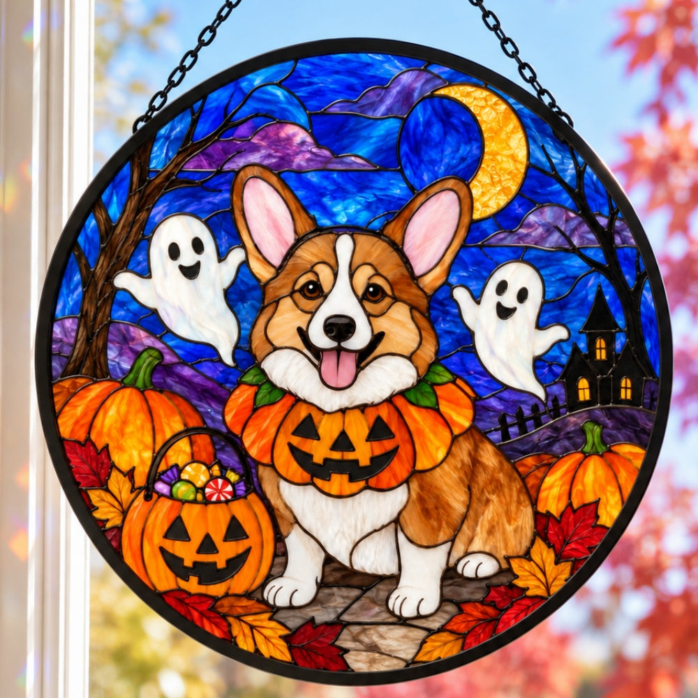 Corgi Halloween stained glass suncatcher window hanging, suitable for home and garden decoration
